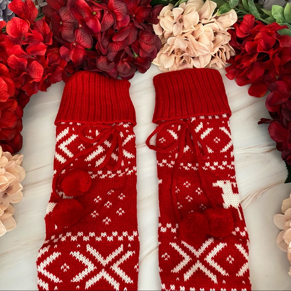 Sexy Over the Knee Red Knit Reindeer Snowflake Socks with Pom Poms - Picture 5 of 15